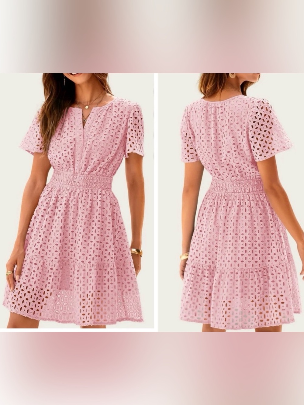 NWT Rumia Blush Pink Eyelet Lace Short Sleeve Smock Waist V-neck Garden Dress S